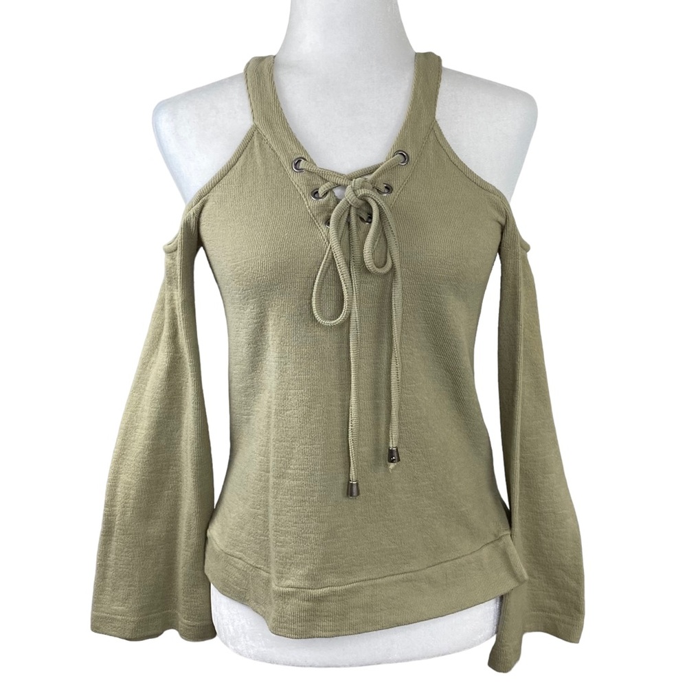 J.O.A Los Angeles Cold Shoulder Bell Sleeve Green Ribbed Boho Peasant Top XS